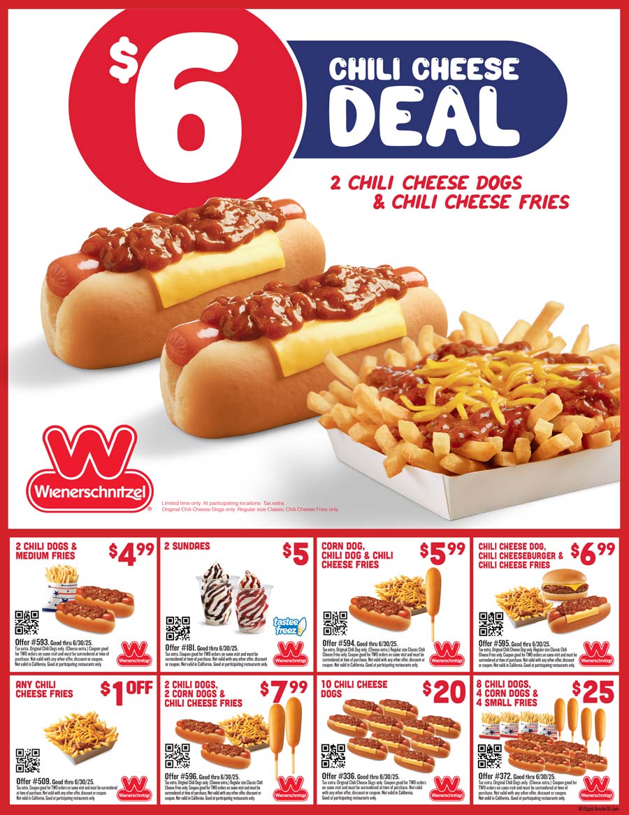 Wienerschnitzel restaurants Coupon  2 chili dogs + fries = $5 & more at Wienerschnitzel restaurants #wienerschnitzel 