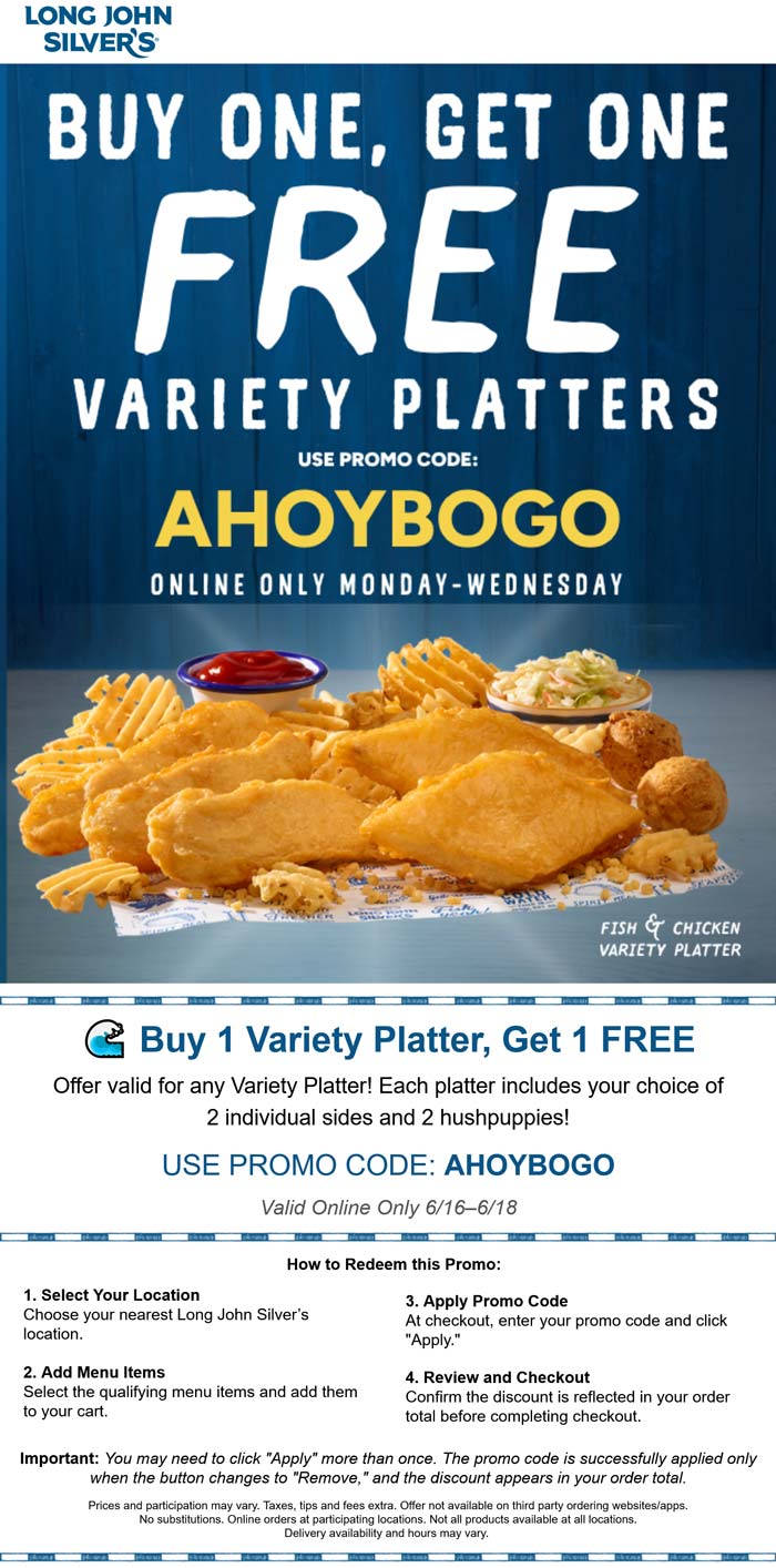 Long John Silvers restaurants Coupon  Second variety platter meal free at Long John Silvers via promo code AHOYBOGO #longjohnsilvers 
