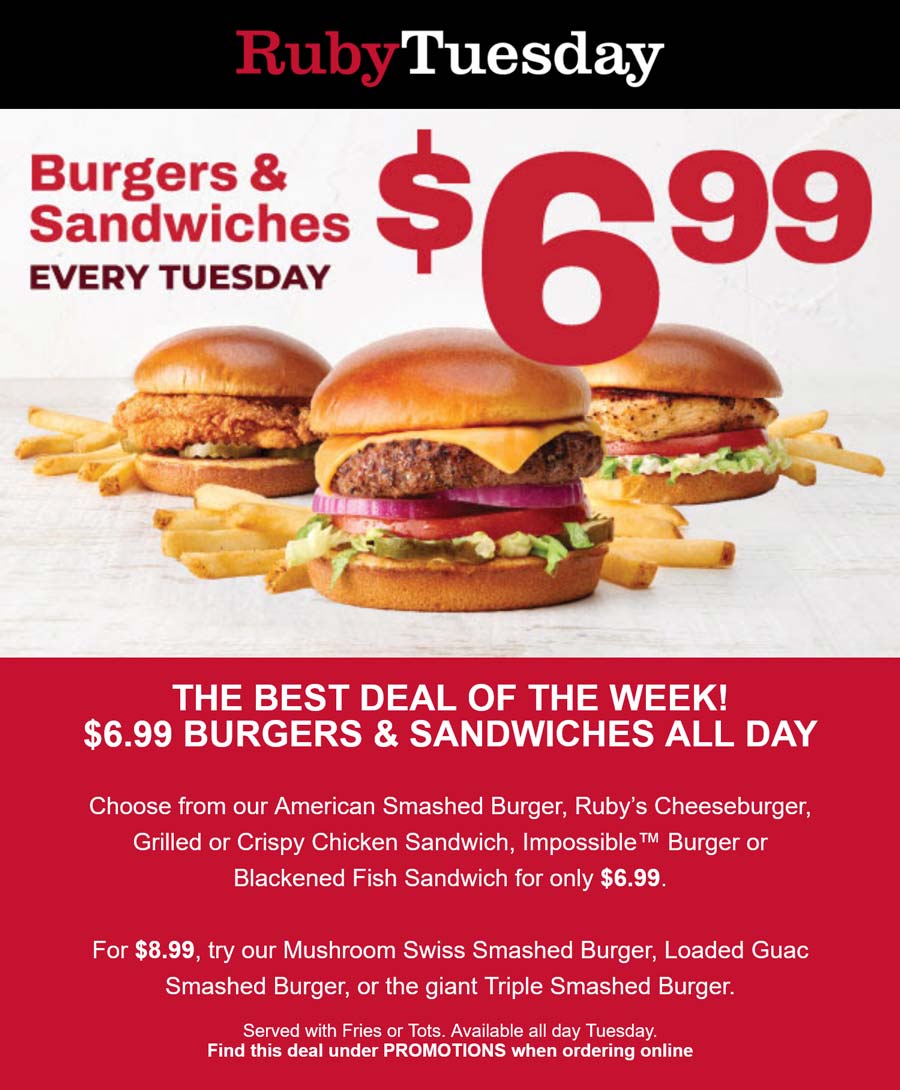 Ruby Tuesday restaurants Coupon  Cheeseburger, fish or chicken sandwich + fries = $7 today at Ruby Tuesday #rubytuesday 