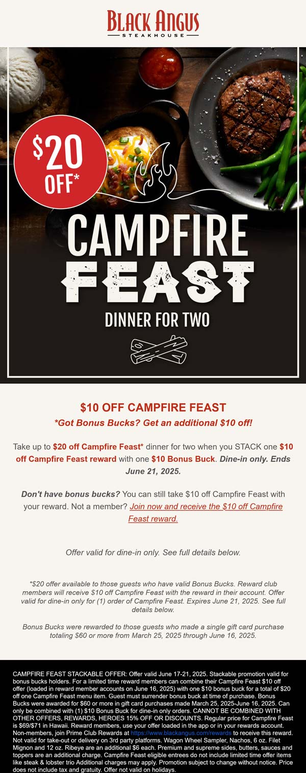 Black Angus restaurants Coupon  $10-$20 off campfire feast at Black Angus steakhouse #blackangus 