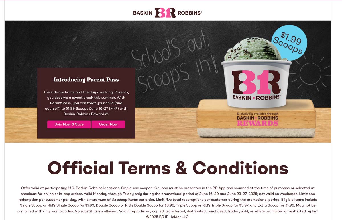 Baskin Robbins restaurants Coupon  $2 ice cream scoops weekdays at Baskin Robbins #baskinrobbins 