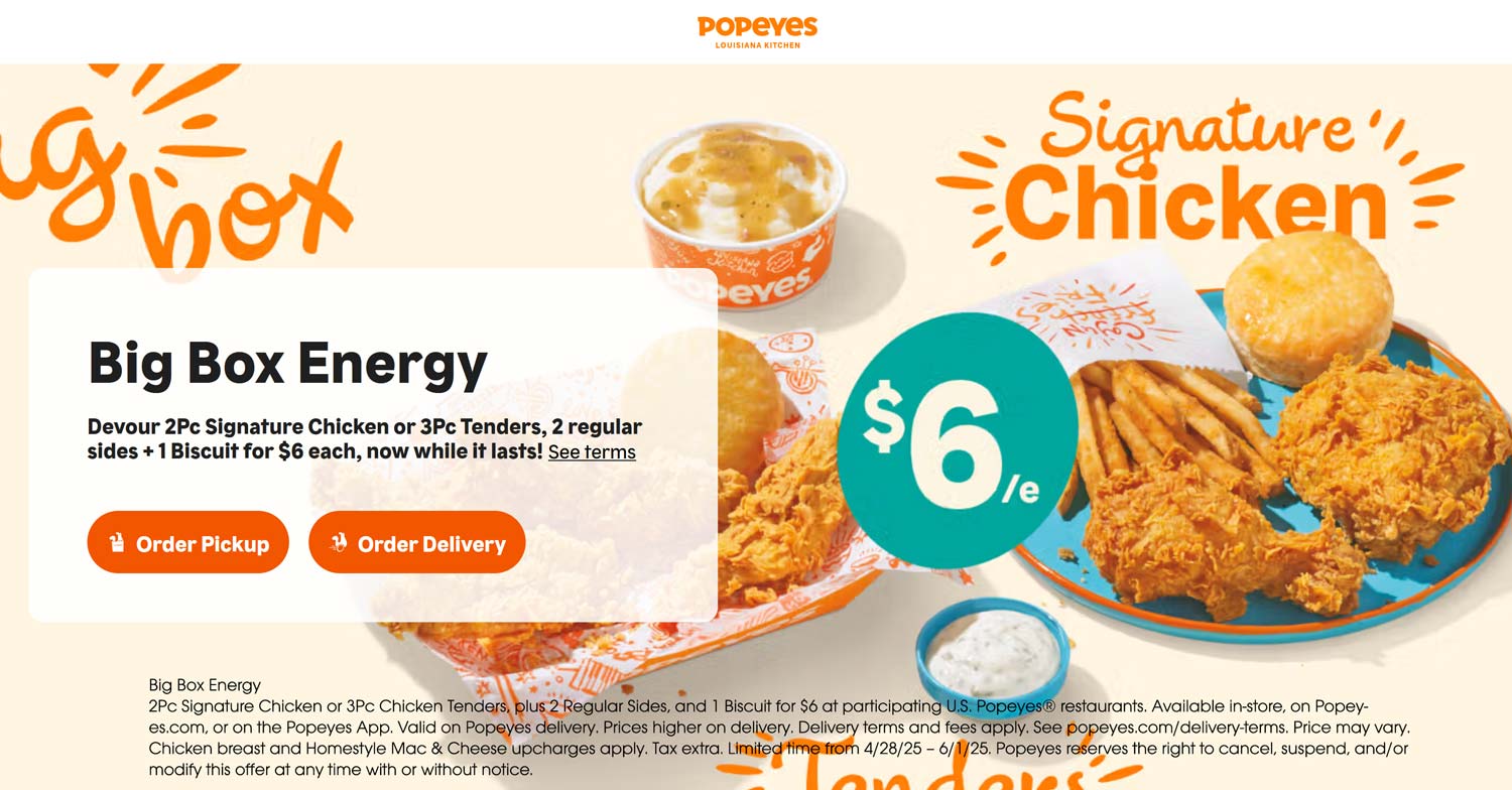 Popeyes restaurants Coupon  2pc chicken or 3pc tenders + 2 sides + biscuit = $6 at Popeyes #popeyes 