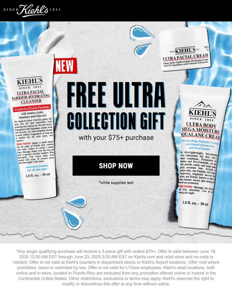Kiehls stores Coupon  Free 3pc set on $75 at Kiehls, ditto online #kiehls 