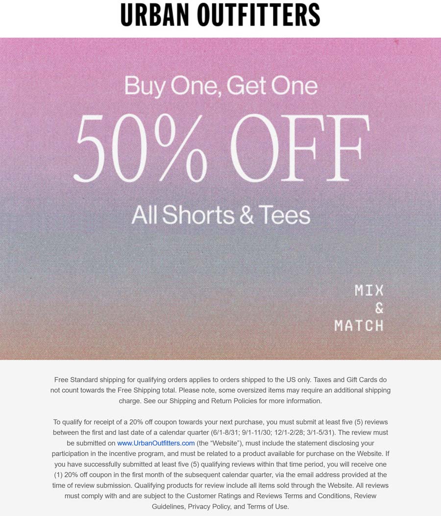 Urban Outfitters stores Coupon  Second short or tee 50% off at Urban Outfitters #urbanoutfitters 