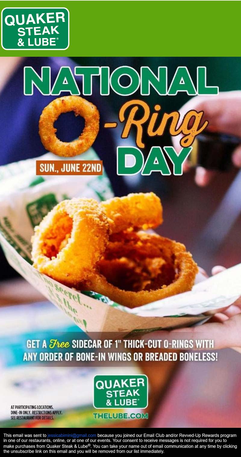 Quaker Steak and Lube restaurants Coupon  Free onion rings with your chicken wings Sunday at Quaker Steak and Lube #quakersteakandlube 