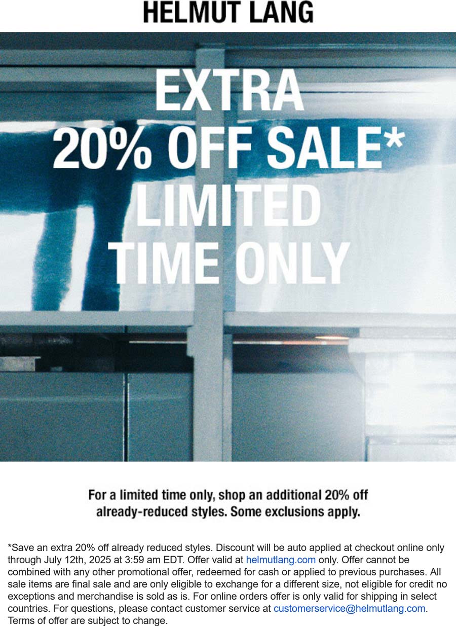 Helmut Lang stores Coupon  Extra 20% off sale items online at Helmut Lang #helmutlang 
