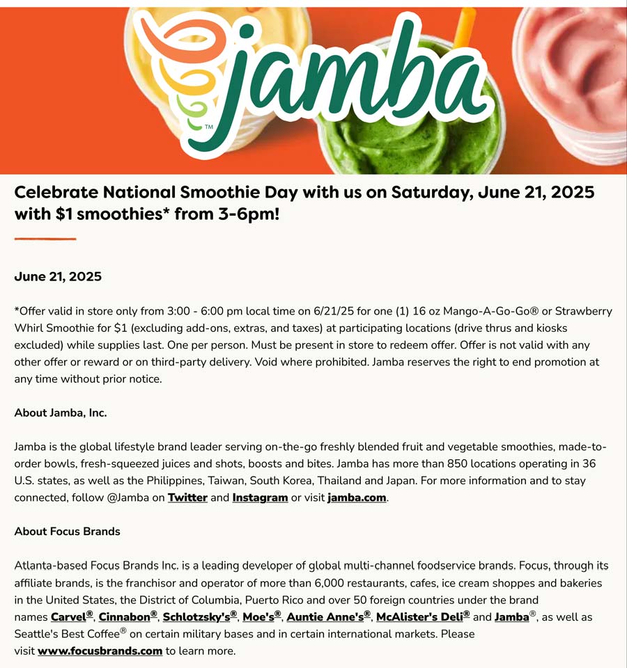 Jamba restaurants Coupon  $1 smoothies 3-6p today at Jamba juice #jamba 