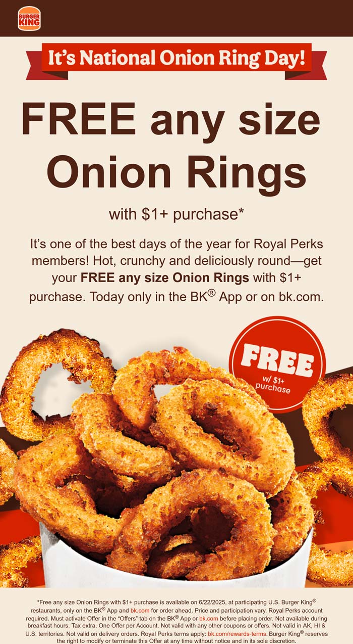 Burger King restaurants Coupon  Free large onion rings on $1 today at Burger King restaurants #burgerking 