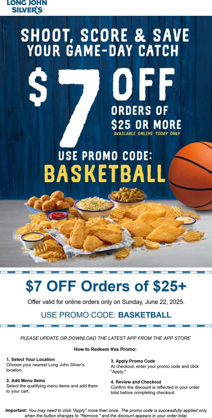 Long John Silvers restaurants Coupon  $7 off $25 today at Long John Silvers restaurants via promo code BASKETBALL #longjohnsilvers 
