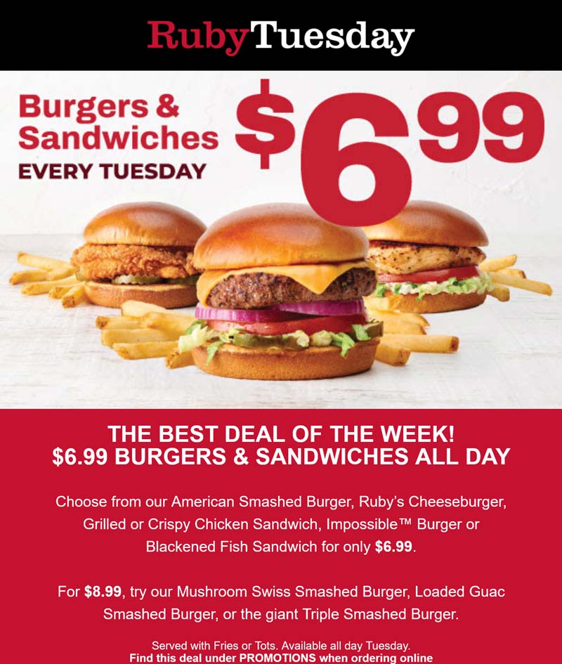Ruby Tuesday restaurants Coupon  $7 burgers & sandwiches + fries today at Ruby Tuesday #rubytuesday 