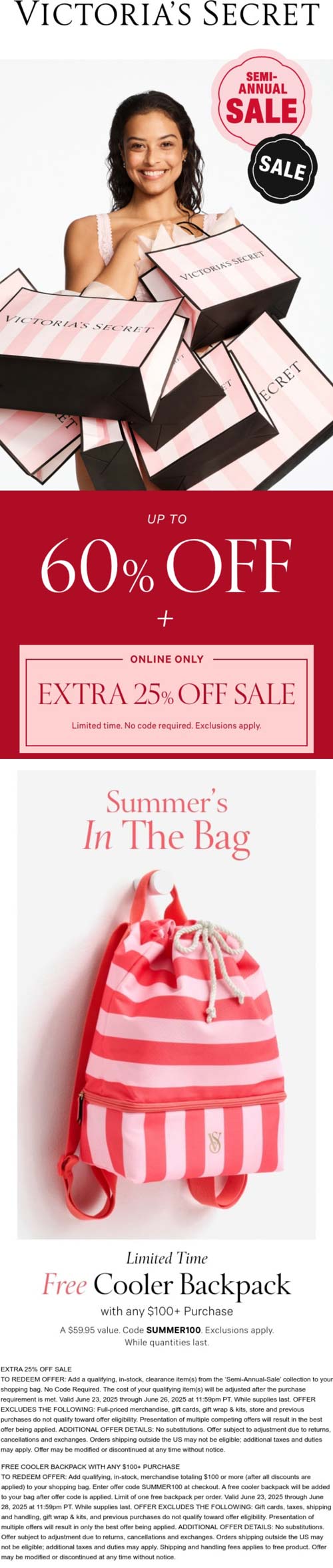 Victorias Secret stores Coupon  Extra 25% off sale items + free cooler backpack on $100 at Victorias Secret, or online via promo code SUMMER100 #victoriassecret 