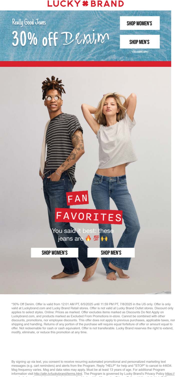 Lucky Brand stores Coupon  30% off denim at Lucky Brand jeans #luckybrand 