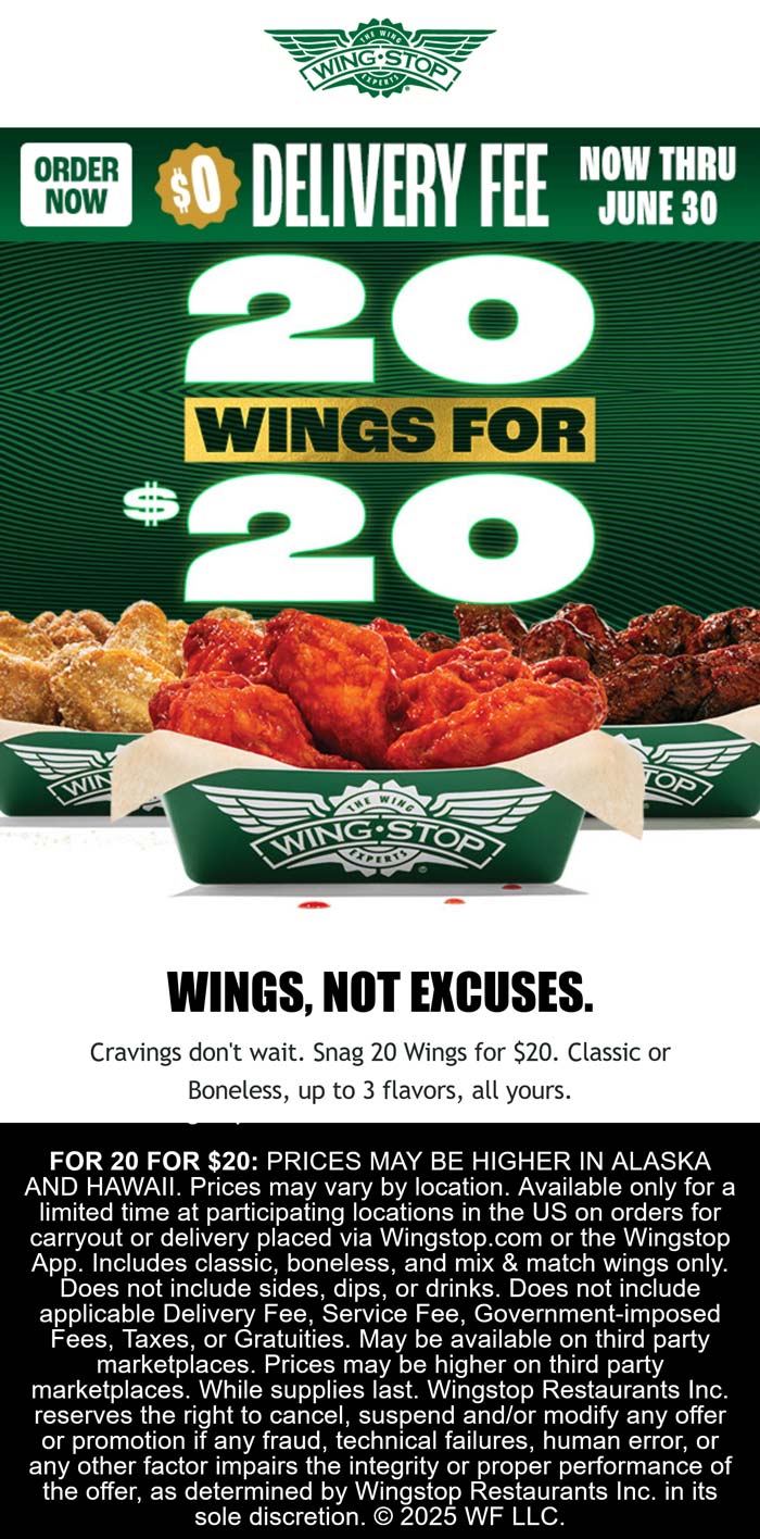 Wingstop restaurants Coupon  20 chicken wings = $20 at Wingstop #wingstop 