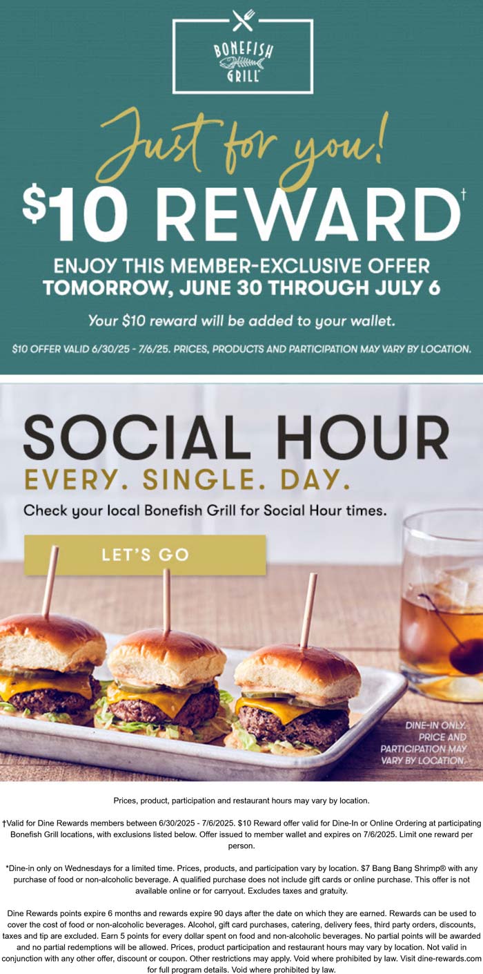 Bonefish Grill coupons & promo code for July 2025