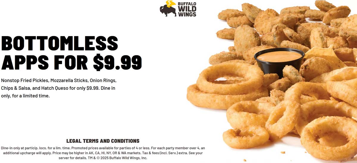 Buffalo Wild Wings restaurants Coupon  Bottomless appetizers = $10 at Buffalo Wild Wings restaurants #buffalowildwings 