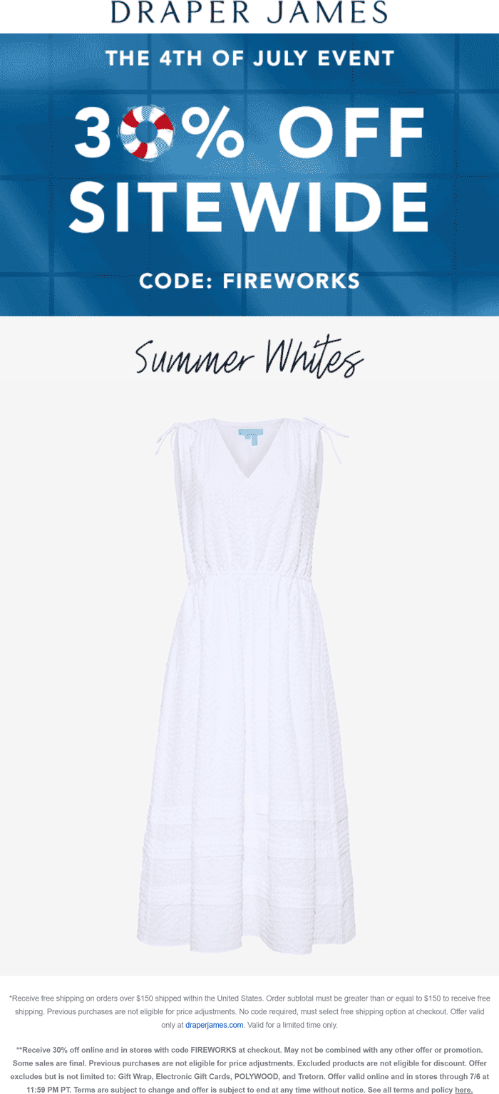 Draper James stores Coupon  30% off everything online at Draper James via promo code FIREWORKS #draperjames 