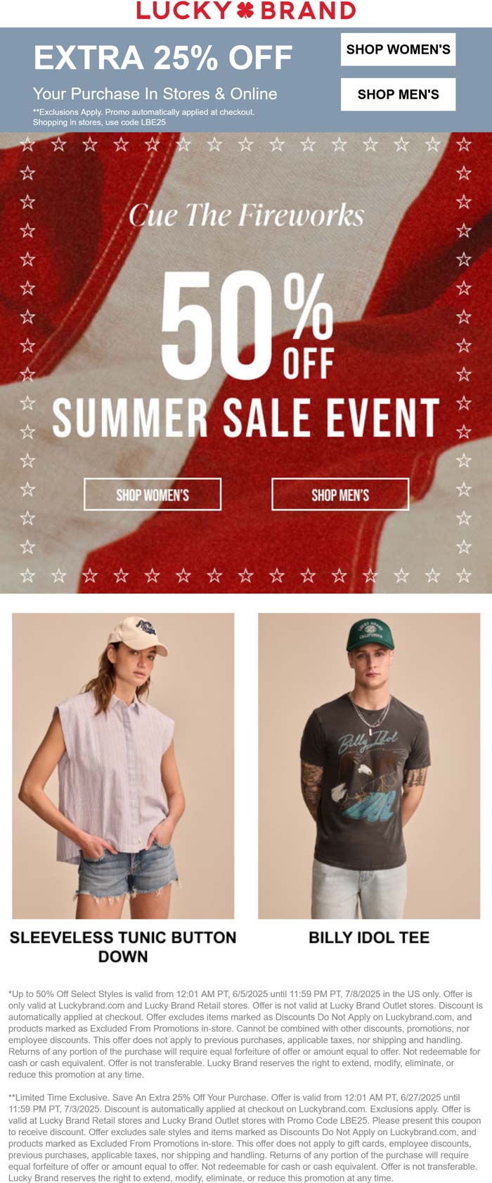Lucky Brand stores Coupon  Extra 25% off at Lucky Brand, or online via promo code LBE25 #luckybrand 