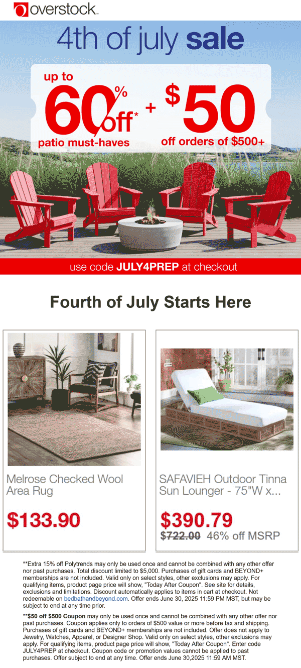 Overstock stores Coupon  $50 off $500 & more at Overstock via promo code JULY4PREP #overstock 