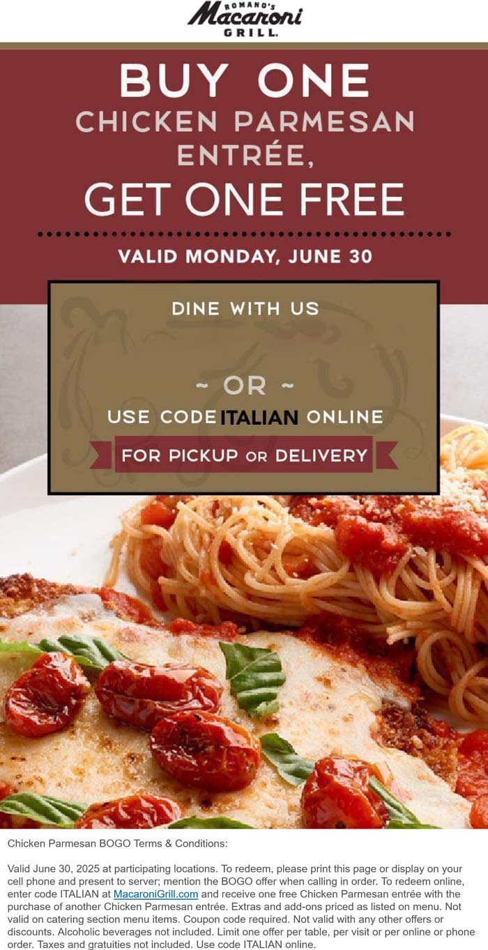 Macaroni Grill coupons & promo code for July 2025