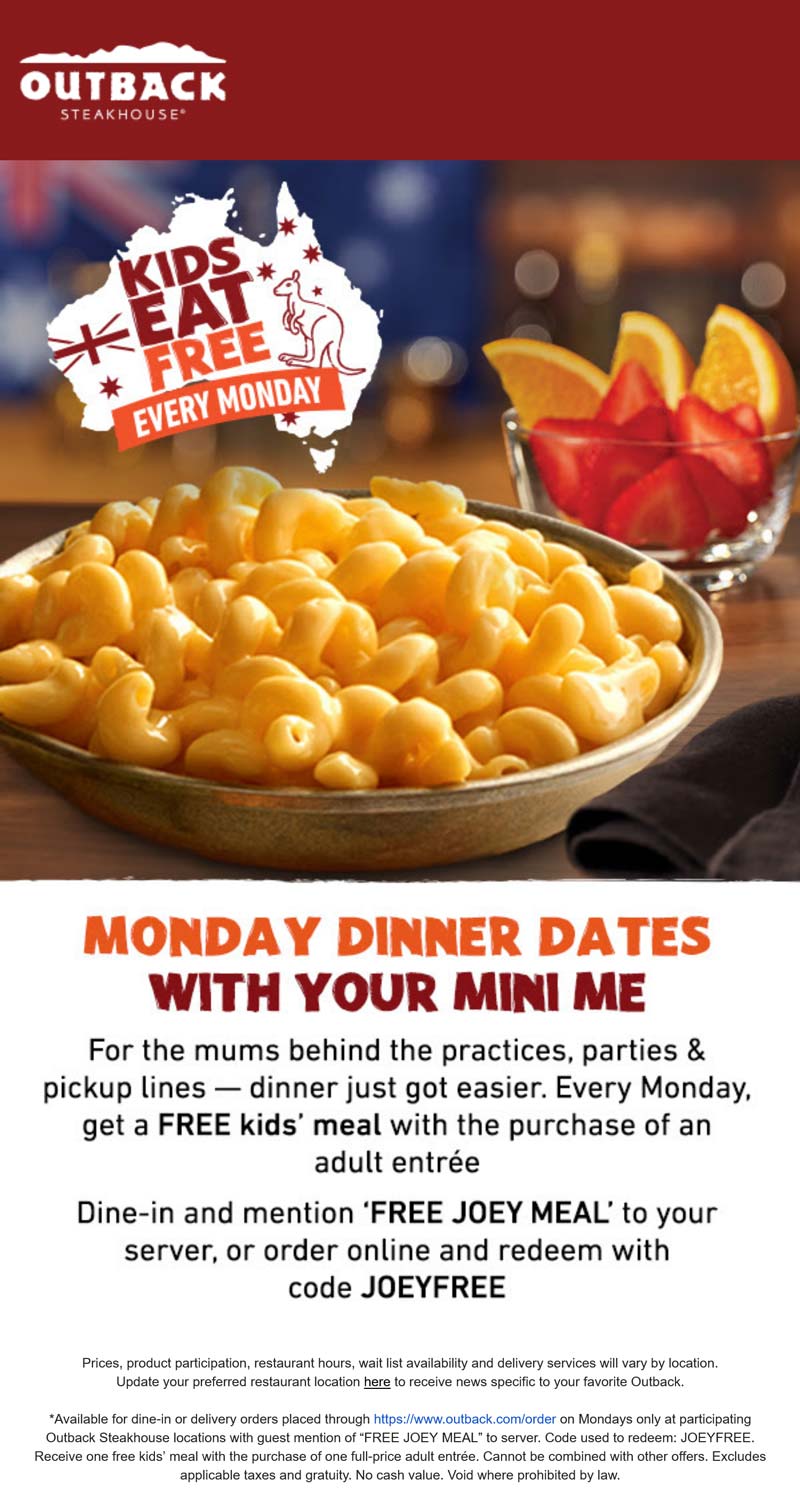 Outback Steakhouse restaurants Coupon  Kids eat free with your entree today at Outback Steakhouse #outbacksteakhouse 