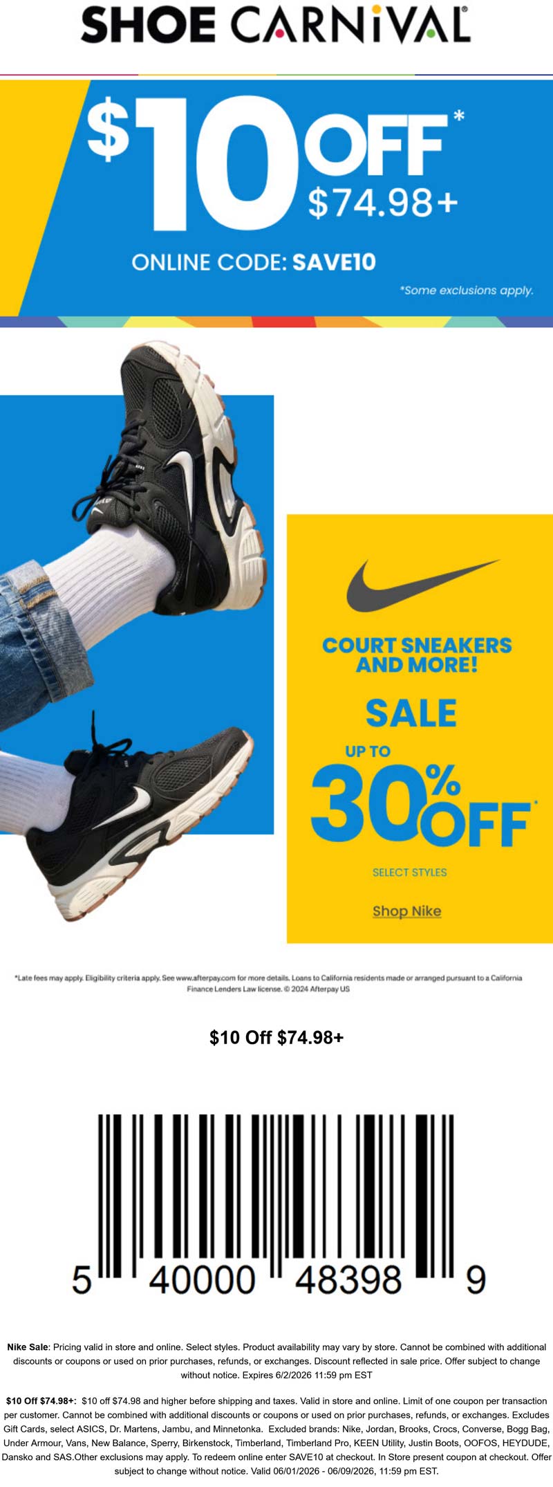 Shoe Carnival stores Coupon  $10 off $75 + 30% off Nike at Shoe Carnival, or online via promo code SAVE10 #shoecarnival 