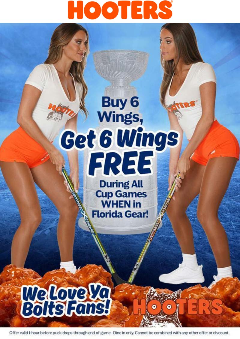 Hooters restaurants Coupon  Second 6pc chicken wings free during the cup game at Hooters #hooters 
