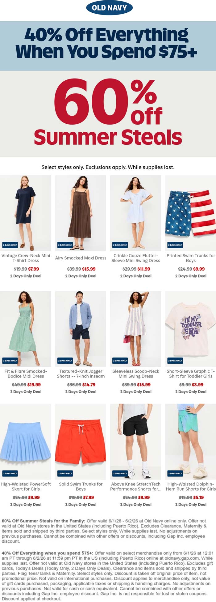 Old Navy stores Coupon  40-60% off online today at Old Navy #oldnavy 