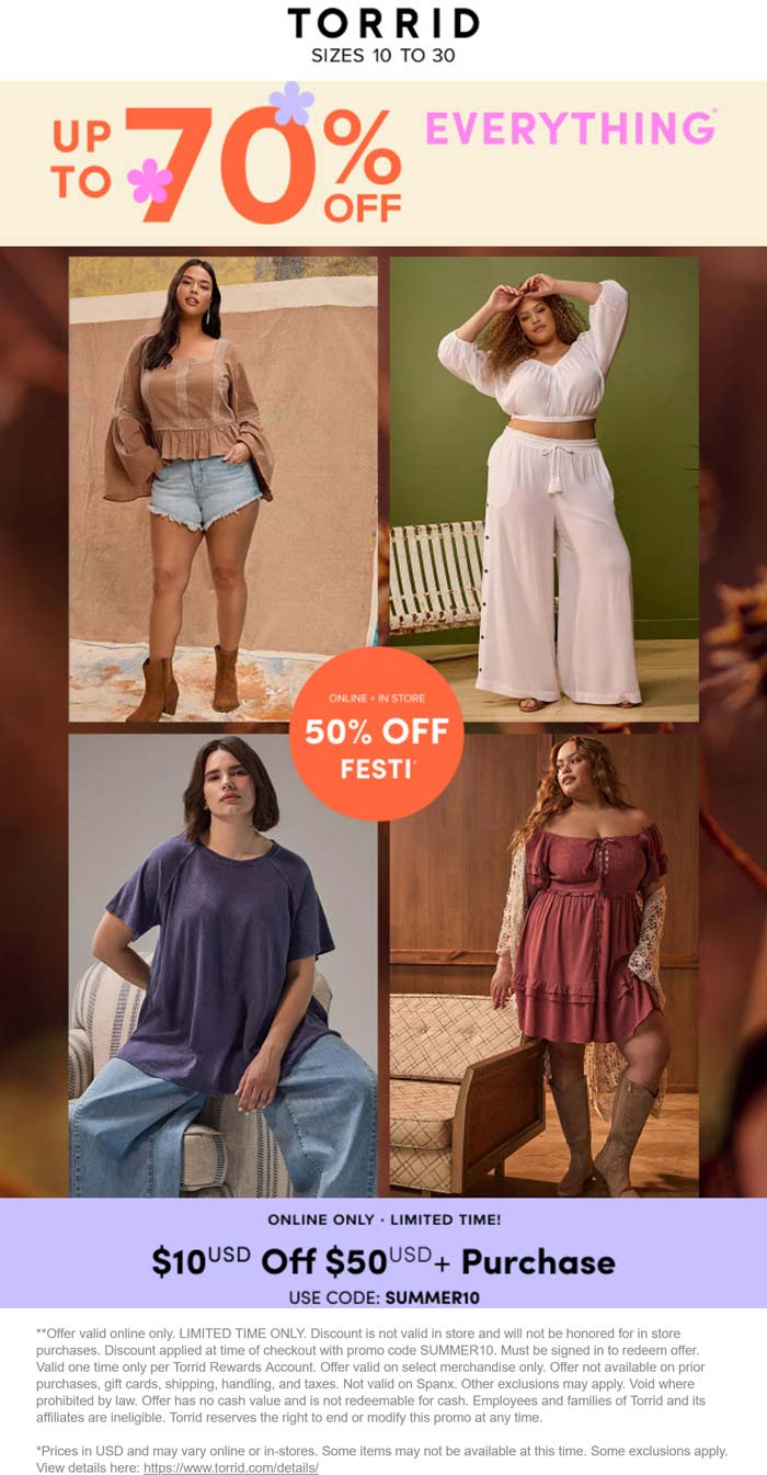 Torrid $10 off $50 & more online at Torrid via promo code SUMMER10 #torrid Torrid stores Coupon $10 off $50 & more online at Torrid via promo code SUMMER10 #torrid