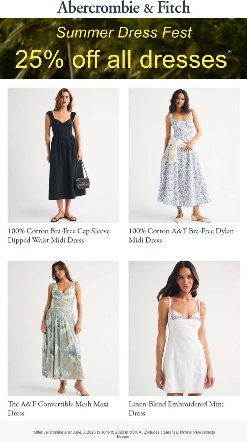 Abercrombie & Fitch stores Coupon  25% off dresses at Abercrombie & Fitch #abercrombiefitch 