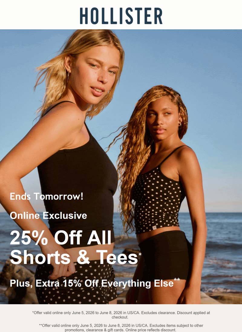 Hollister stores Coupon  15-25% off everything online at Hollister #hollister 
