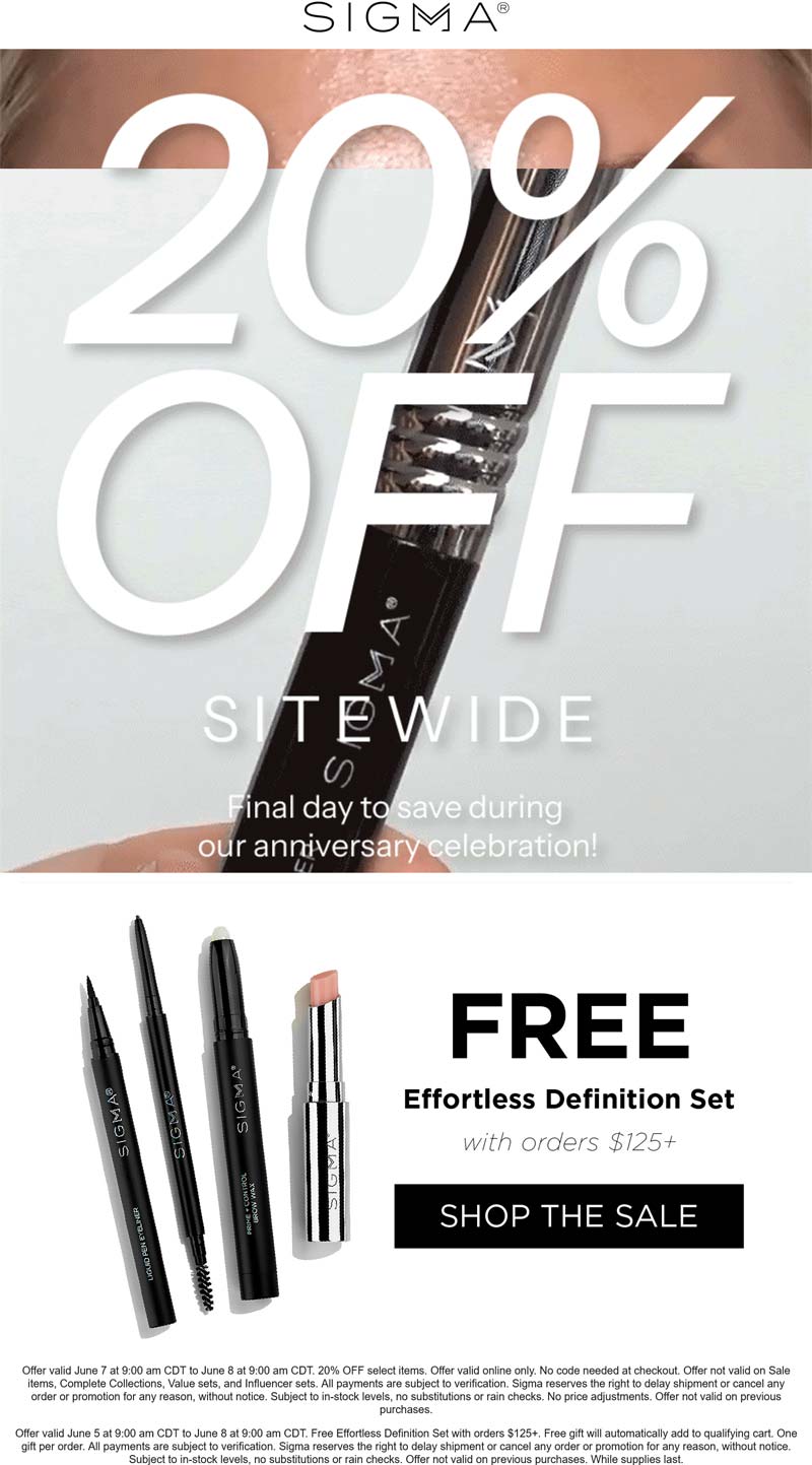 Sigma 20% off everything today at Sigma beauty #sigma Sigma stores Coupon 20% off everything today at Sigma beauty #sigma