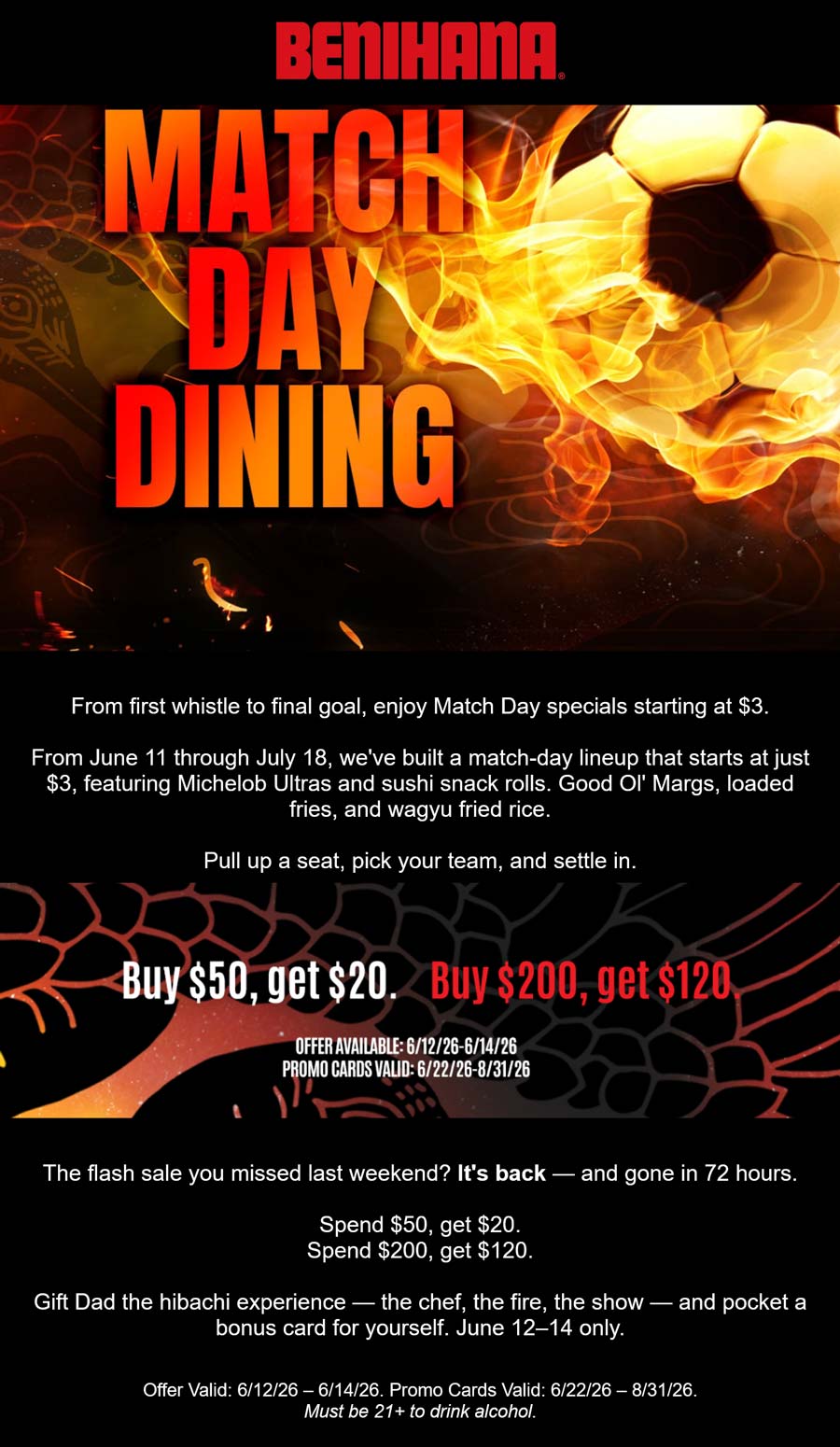 Benihana restaurants Coupon  Sushi, margaritas, wagyu fried rice & more = $3 game days at Benihana hibachi restaurants #benihana 