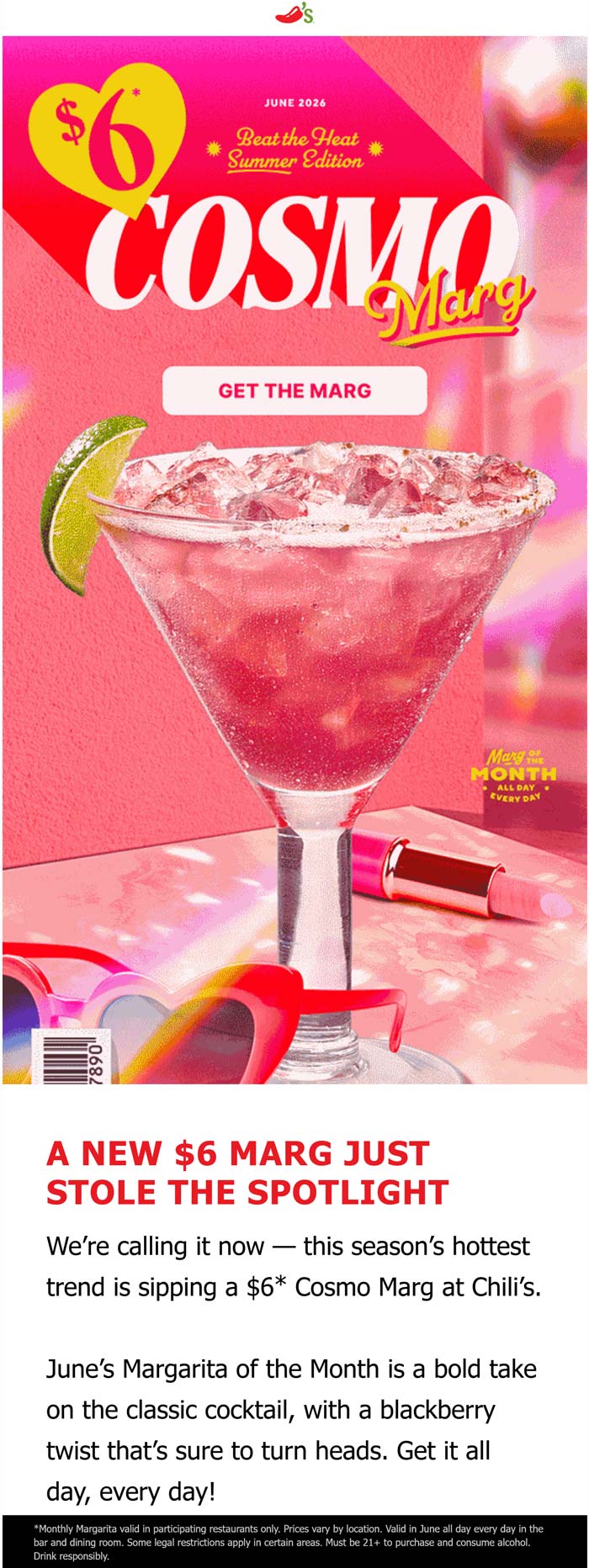 Chilis stores Coupon  $6 cosmo margarita this month at Chilis #chilis 