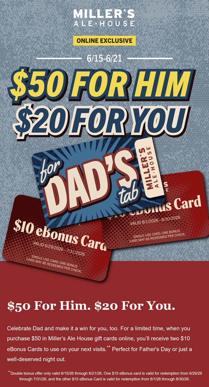 Millers Ale House $70 in cards for $50 at Millers Ale House restaurants #millersalehouse Millers Ale House restaurants Coupon $70 in cards for $50 at Millers Ale House restaurants #millersalehouse