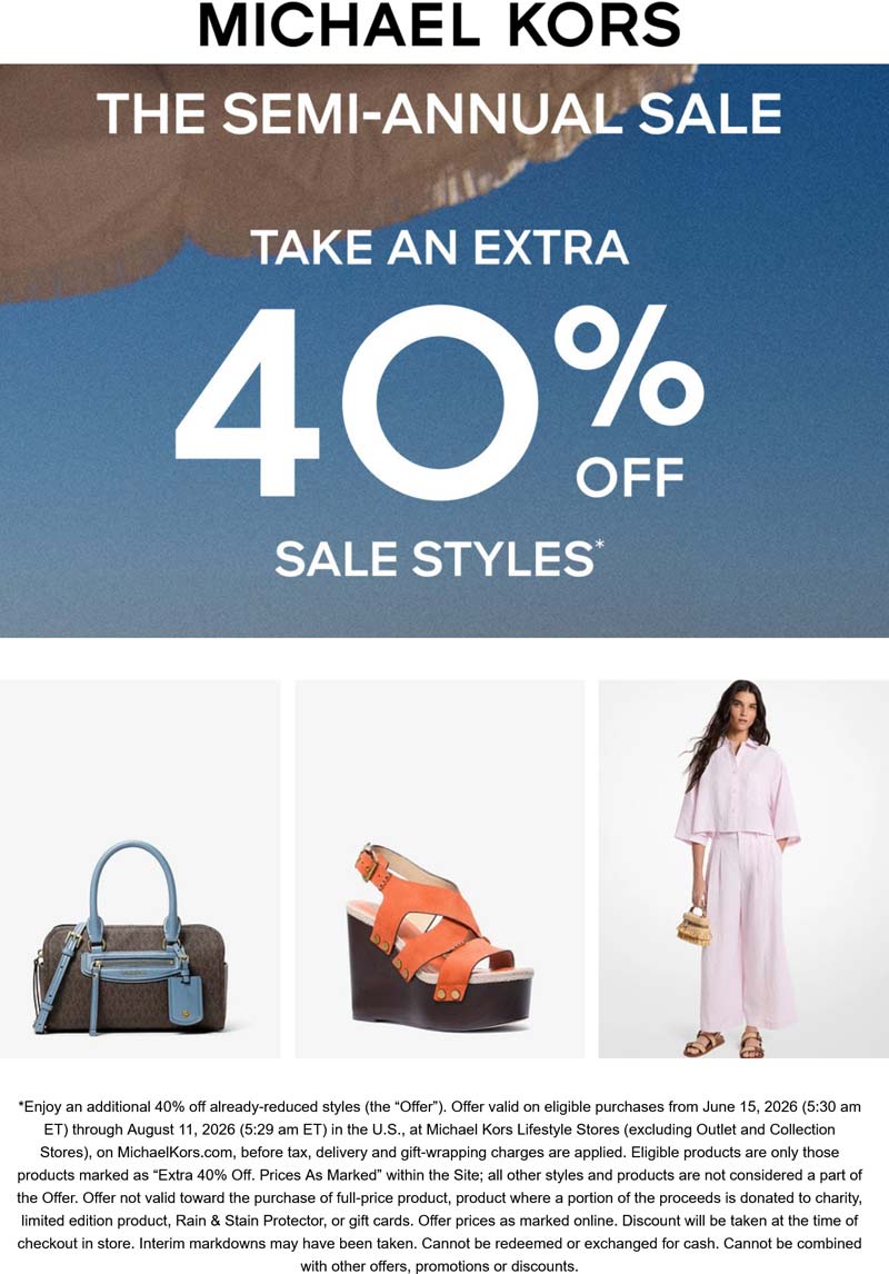 Michael Kors stores Coupon  Extra 40% off sale styles at Michael Kors, ditto online #michaelkors 
