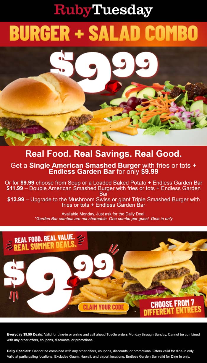 Ruby Tuesday Cheeseburger + salad bar = $10 today at Ruby Tuesday #rubytuesday Ruby Tuesday restaurants Coupon Cheeseburger + salad bar = $10 today at Ruby Tuesday #rubytuesday