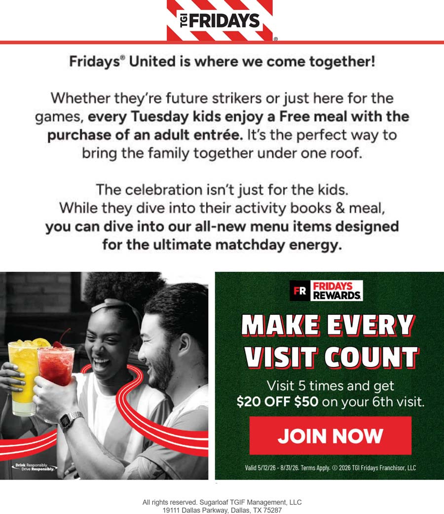 TGI Fridays Free kids meal with yours today at TGI Fridays #tgifridays TGI Fridays restaurants Coupon Free kids meal with yours today at TGI Fridays #tgifridays