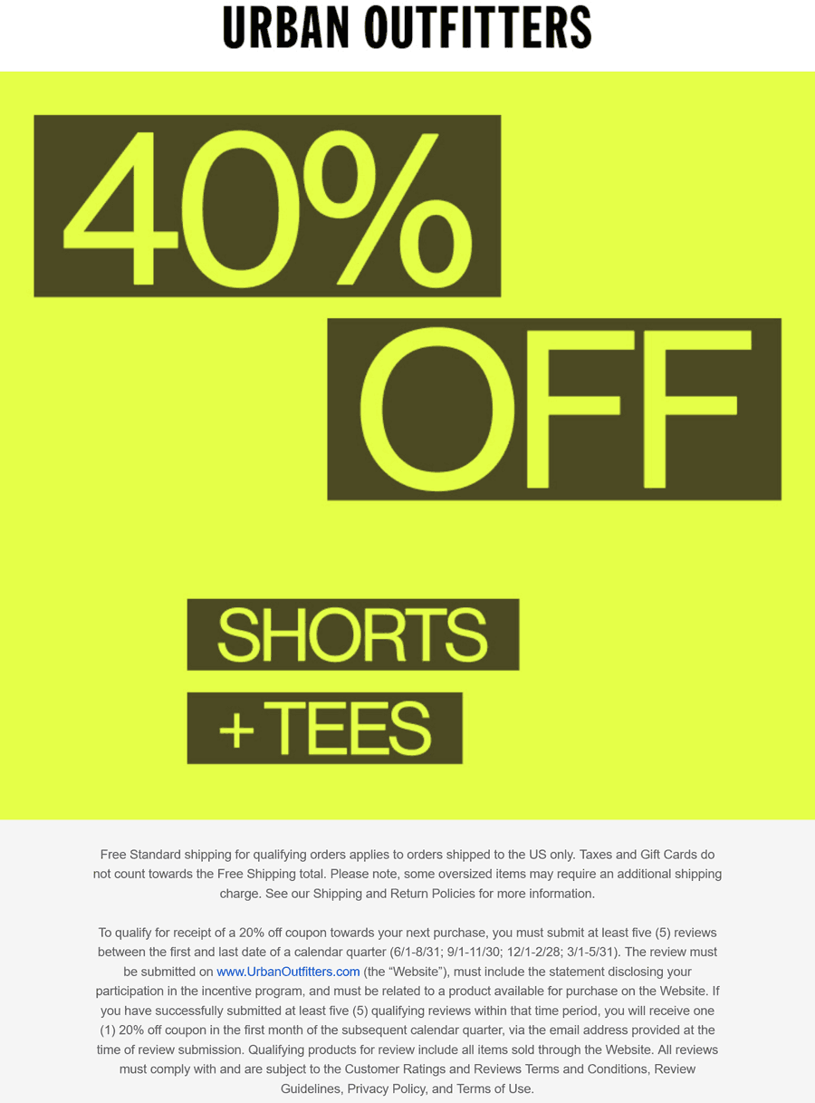 Urban Outfitters stores Coupon  40% off shorts & tees today at Urban Outfitters #urbanoutfitters 