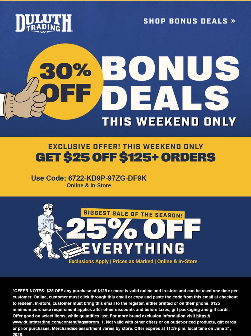 Duluth Trading Co stores Coupon  $25 off $125 at Duluth Trading Co, or online via promo code 6722-KD9P-97ZG-DF9K #duluthtradingco 