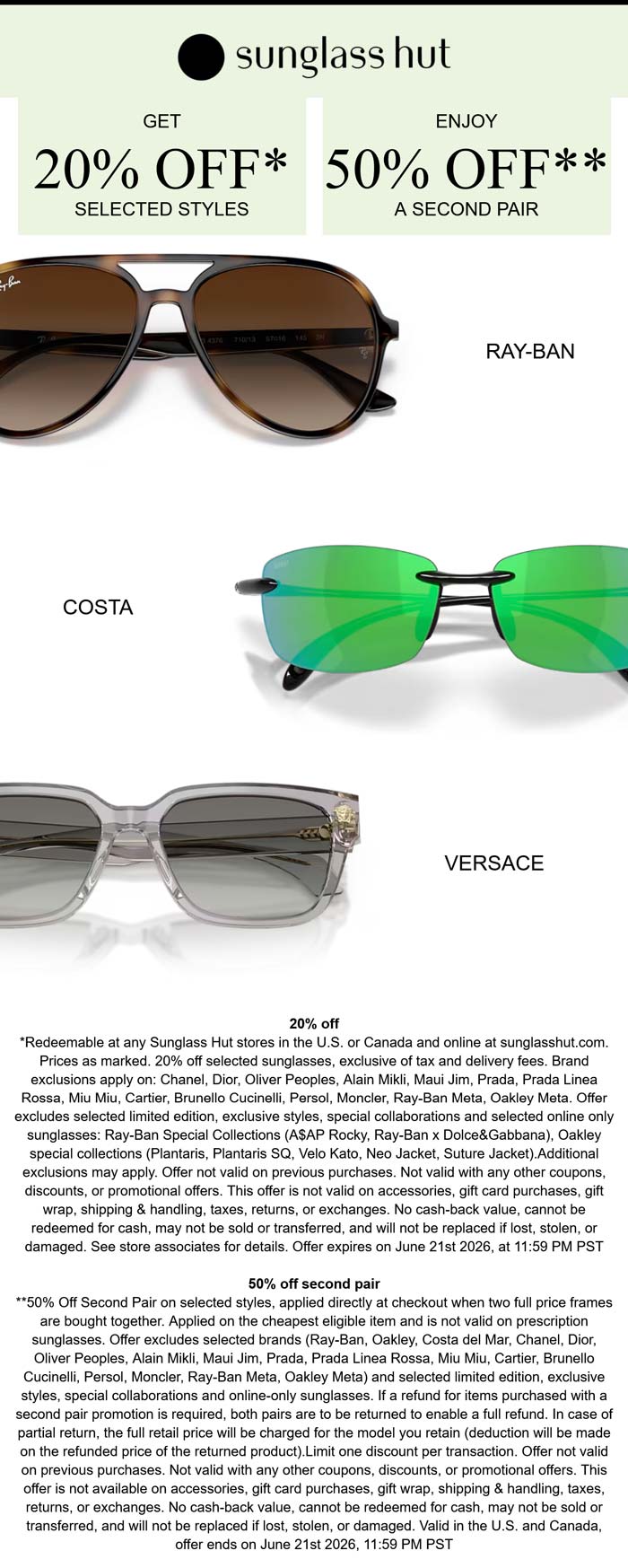 Sunglass Hut 50% off second pair & more at Sunglass Hut #sunglasshut Sunglass Hut stores Coupon 50% off second pair & more at Sunglass Hut #sunglasshut