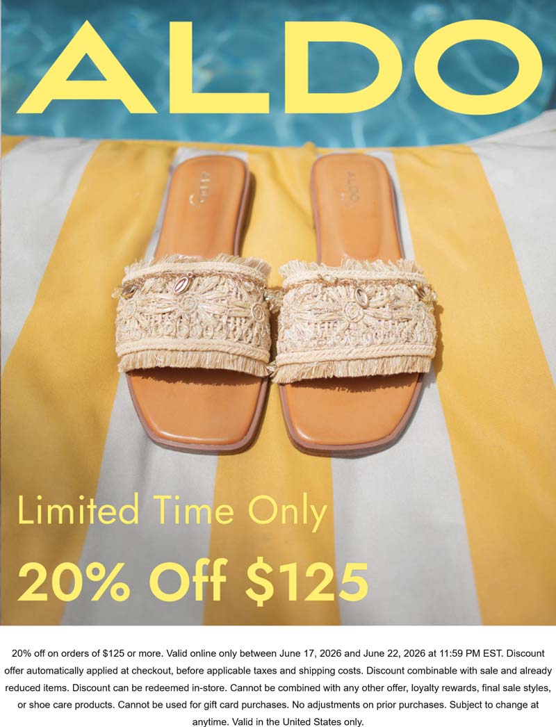 ALDO 20% off $125 today at ALDO, ditto online #aldo ALDO stores Coupon 20% off $125 today at ALDO, ditto online #aldo