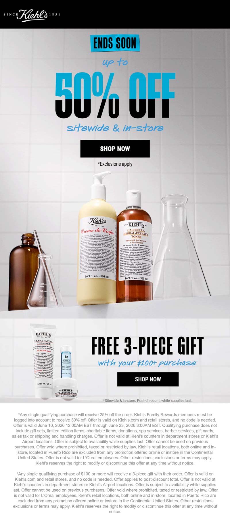 Kiehls stores Coupon  Free 3pc on $100 & more at Kiehls, ditto online #kiehls 
