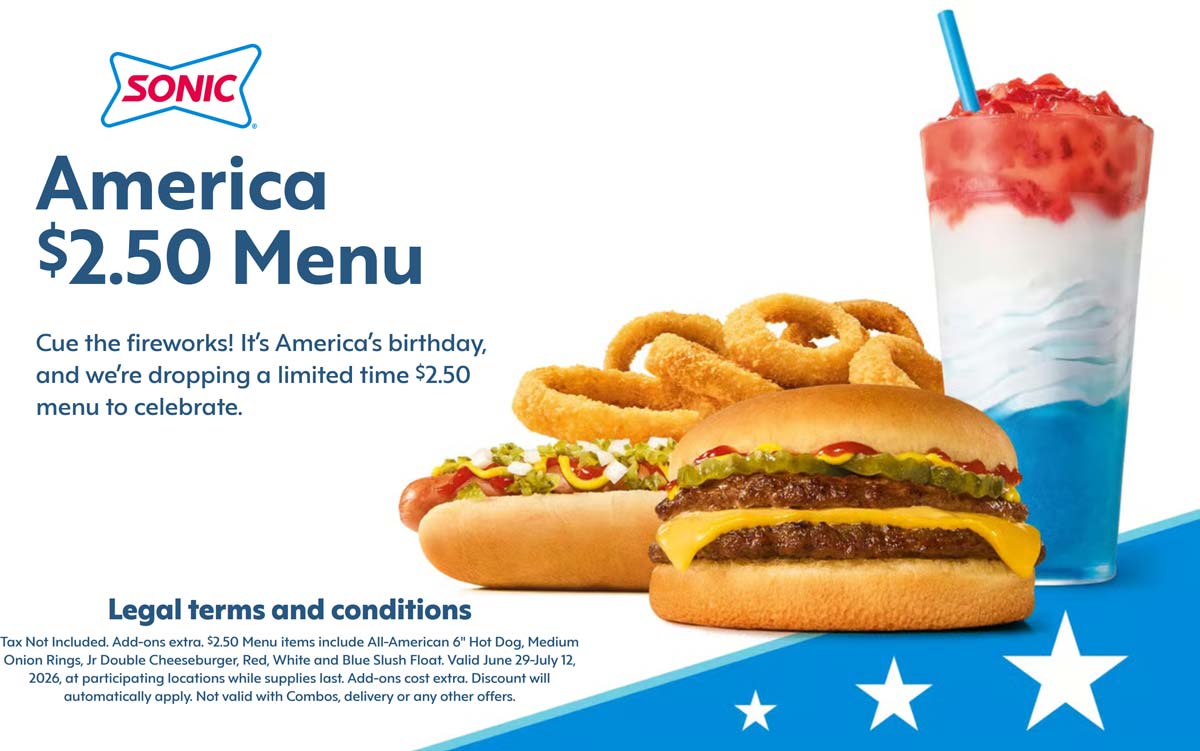 Sonic Drive-In restaurants Coupon  Various items on the $2.50 menu at Sonic Drive-In restaurants #sonicdrivein 