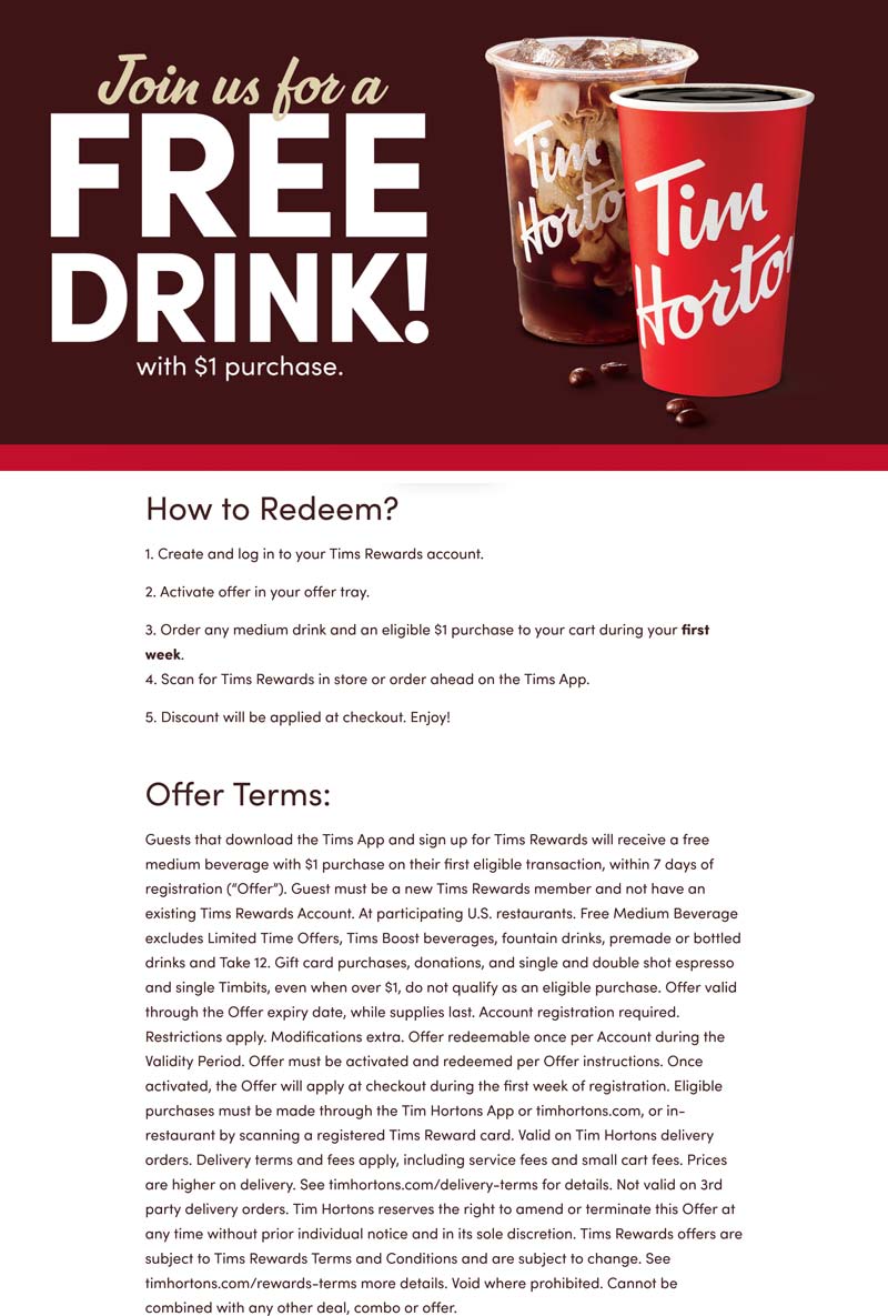 Tim Hortons Free coffee on $1 via login at Tim Hortons #timhortons Tim Hortons restaurants Coupon Free coffee on $1 via login at Tim Hortons #timhortons