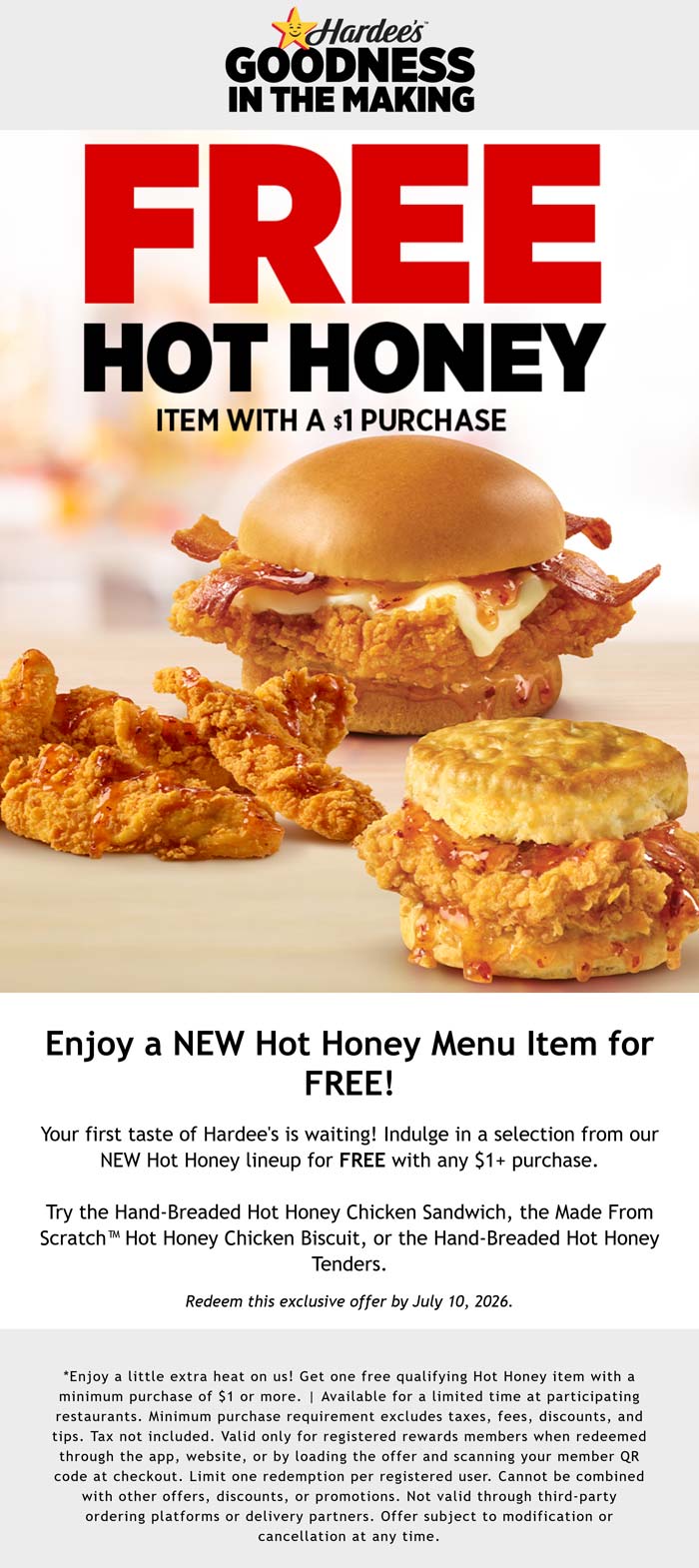 Hardees restaurants Coupon  Free hot honey chicken sandwich on $1 via login at Hardees #hardees 