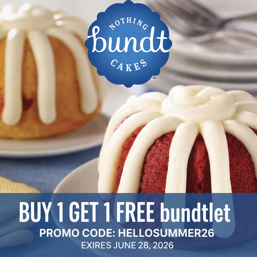 Nothing Bundt Cakes stores Coupon  Second bundtlet cake free at Nothing Bundt Cakes via promo code HELLOSUMMER26 #nothingbundtcakes 