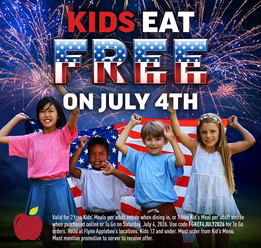 Applebees restaurants Coupon  2 kids eat free with your entree at Applebees via promo code FGKEF4JULY2026 #applebees 