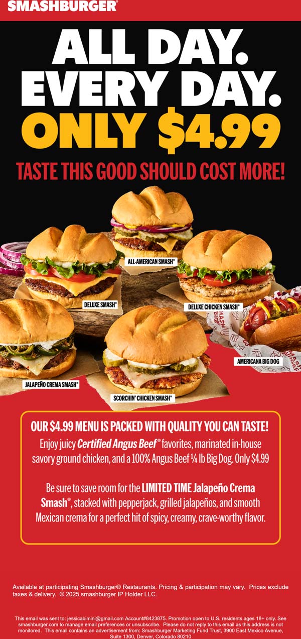 Smashburger restaurants Coupon  $5 cheeseburger, chicken, hot dog menu at Smashburger #smashburger 
