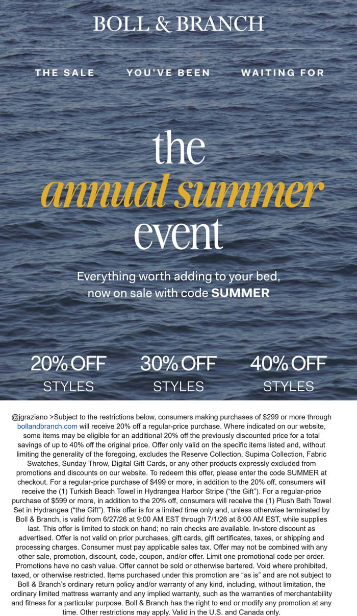 Boll & Branch stores Coupon  20-40% off today at Boll & Branch via promo code SUMMER #bollbranch 