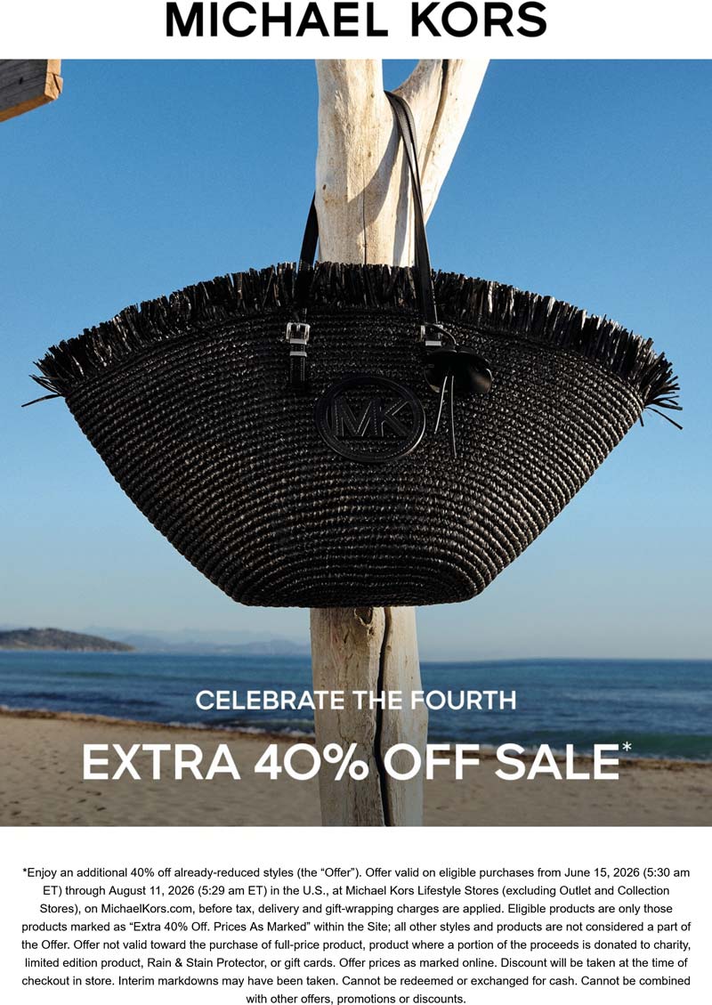 Michael Kors stores Coupon  Extra 40% off summer handbags at Michael Kors, ditto online #michaelkors 